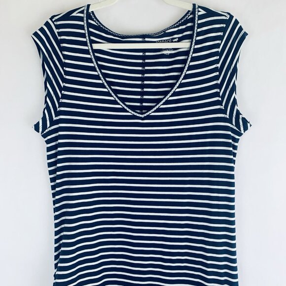 Toad & Co Women Samba Muse Ruched Midi Dress Sz Large Navy Blue Striped Coastal - Picture 5 of 12